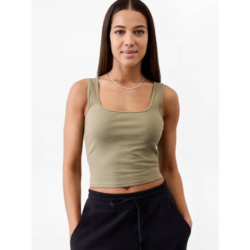 Athleta Signature Rib Square Neck Crop Tank Olive Green Medium NWT Ribbed Crop